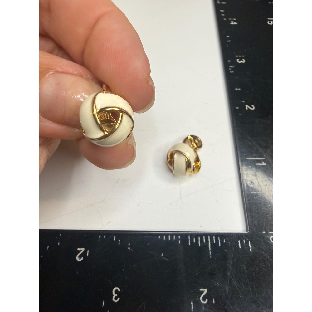 Monet Gold Tone Cream Enamel Knot Clip On Earrings Vintage Round Studs
